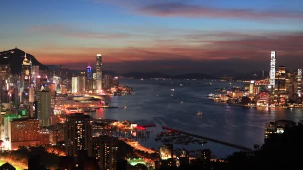 Illuminé Bâtiments Modernes Ville Coucher Soleil Ciel Juillet 2021 Hong — Video