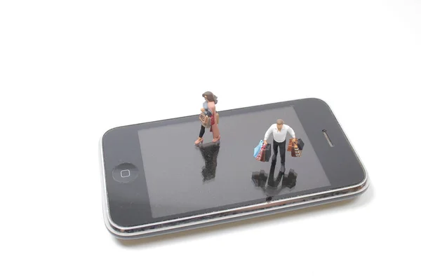 Fun Mini Figure Mobile Phone Online Shopping — Stock Photo, Image