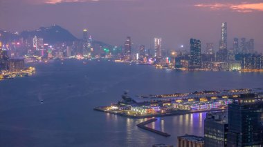 Şehir ışıkları, Kowloon silueti, Hong Kong gece manzarası.