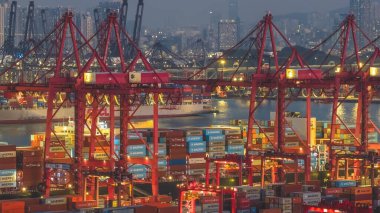 Parlayan vinç ve gemiler 10 Ocak 2026 'da Tsing Yi liman sularında yankılanır.