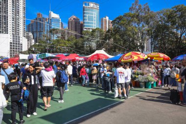 Renkli Ay Yeni Yıl standları, 14 Şubat 2026 'da parlak güneş ışığı altında ziyaretçileri çekiyor.
