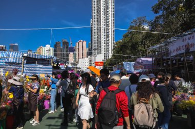 Renkli Ay Yeni Yıl standları, 14 Şubat 2026 'da parlak güneş ışığı altında ziyaretçileri çekiyor.