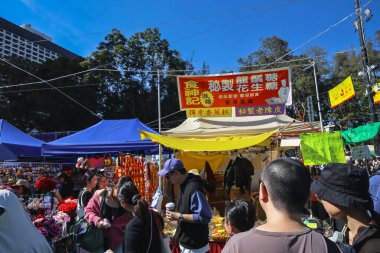 Renkli Ay Yeni Yıl standları, 14 Şubat 2026 'da parlak güneş ışığı altında ziyaretçileri çekiyor.