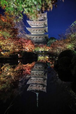 Parlak beş katlı pagoda canlı bir sonbahar yeşilliği ile aynalanmış 25 Kasım 2025