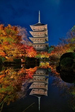 Parlak beş katlı pagoda canlı bir sonbahar yeşilliği ile aynalanmış 25 Kasım 2025