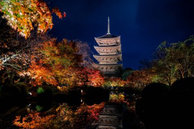 Parlak beş katlı pagoda canlı bir sonbahar yeşilliği ile aynalanmış 25 Kasım 2025