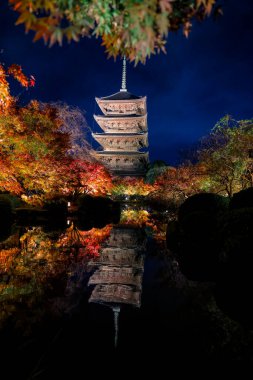 Parlak beş katlı pagoda canlı bir sonbahar yeşilliği ile aynalanmış 25 Kasım 2025