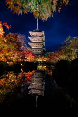 Parlak beş katlı pagoda canlı bir sonbahar yeşilliği ile aynalanmış 25 Kasım 2025