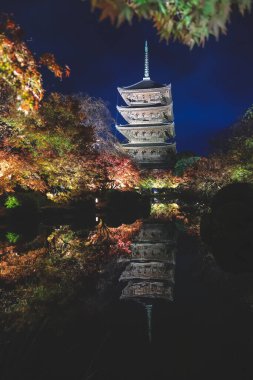 Parlak beş katlı pagoda canlı bir sonbahar yeşilliği ile aynalanmış 25 Kasım 2025