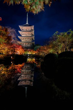 Parlak beş katlı pagoda canlı bir sonbahar yeşilliği ile aynalanmış 25 Kasım 2025