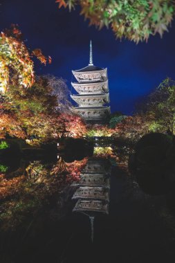 Parlak beş katlı pagoda canlı bir sonbahar yeşilliği ile aynalanmış 25 Kasım 2025