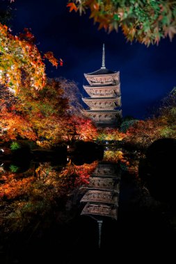 Parlak beş katlı pagoda canlı bir sonbahar yeşilliği ile aynalanmış 25 Kasım 2025