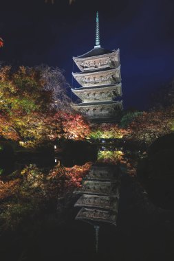 Parlak beş katlı pagoda canlı bir sonbahar yeşilliği ile aynalanmış 25 Kasım 2025