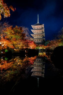 Parlak beş katlı pagoda canlı bir sonbahar yeşilliği ile aynalanmış 25 Kasım 2025