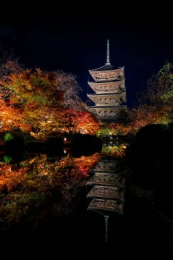 Parlak beş katlı pagoda canlı bir sonbahar yeşilliği ile aynalanmış 25 Kasım 2025