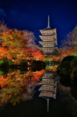 Parlak beş katlı pagoda canlı bir sonbahar yeşilliği ile aynalanmış 25 Kasım 2025