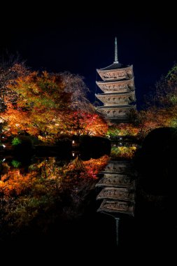 Parlak beş katlı pagoda canlı bir sonbahar yeşilliği ile aynalanmış 25 Kasım 2025