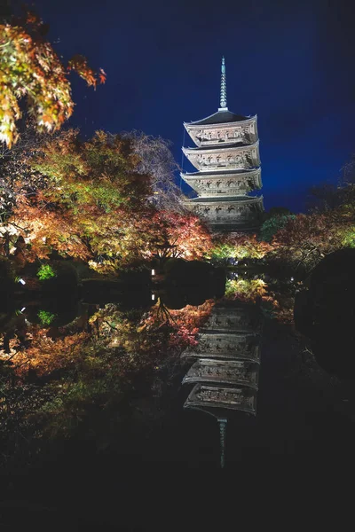 Parlak beş katlı pagoda canlı bir sonbahar yeşilliği ile aynalanmış 25 Kasım 2025