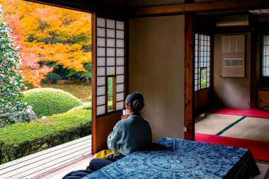 Sessiz, geleneksel bir Japon odası 28 Kasım 2025 'te verimli bir sonbahar bahçesine açılıyor.