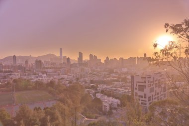 Hong Kong şehir günbatımı manzaralı kowloon taraftan