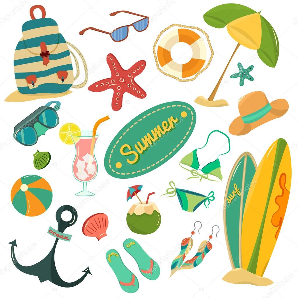 Beautiful summer vintage set Retro summer vacation set with hand drawn flip flops, sun glasses, beach bal, sea star