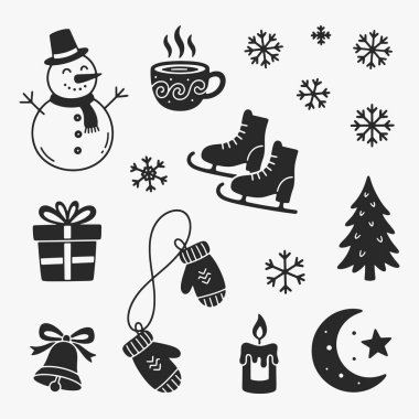 Cute hand-drawn winter doodle icon set vector collection for seasonal and holiday design concept. Vector Illustration