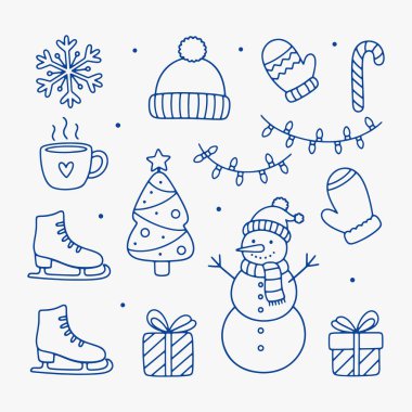 Cute hand-drawn winter doodle icon set vector collection for seasonal and holiday design concept. Vector Illustration