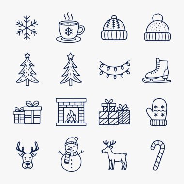 Cute hand-drawn winter doodle icon set vector collection for seasonal and holiday design concept. Vector Illustration