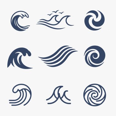 A collection of Ocean wave logos of nautical crests, each with a different shape and size. Vector Illustration
