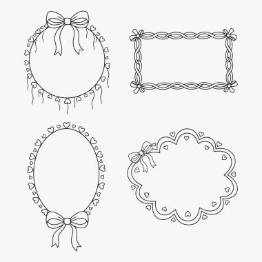 Kalpli bir dizi el yapımı çerçeve. Hepsinin aşk ve romantizm teması aynı. Vektör modern resimleme
