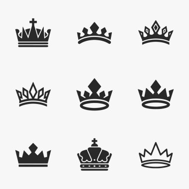 Çeşitli şekil ve boyutlarda bir taç koleksiyonu. Banner, Logos, Etiketler ve Simgeler için Vektör İşareti. Vektör İllüstrasyonu