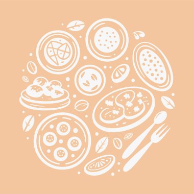 İtalyan yemek seti için düz tasarım. Baskı için mükemmel: tasarım menüleri, çıkartmalar ve simgeler. Taze ve sağlıklı malzemelere odaklan. Vektör İllüstrasyonu