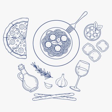 İtalyan yemek seti için düz tasarım. Baskı için mükemmel: tasarım menüleri, çıkartmalar ve simgeler. Taze ve sağlıklı malzemelere odaklan. Vektör İllüstrasyonu