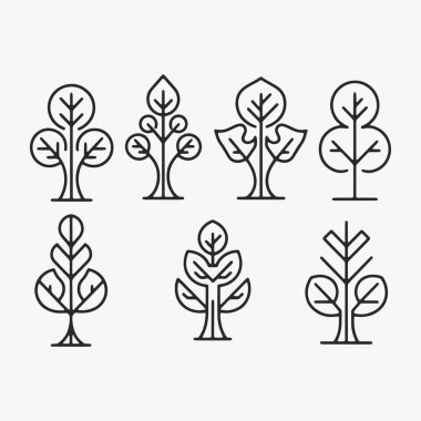 Bir set stilize ağaç silueti. Her birinin şekli ve boyutu farklı. Vektör İllüstrasyonu