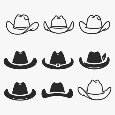 Tarzlı kovboy şapkası siluetleri koleksiyonu. Hepsi farklı boyutlarda ve şekillerde. Vektör İllüstrasyonu