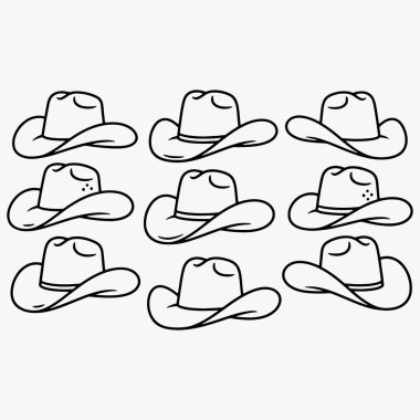 Tarzlı kovboy şapkası siluetleri koleksiyonu. Hepsi farklı boyutlarda ve şekillerde. Vektör İllüstrasyonu