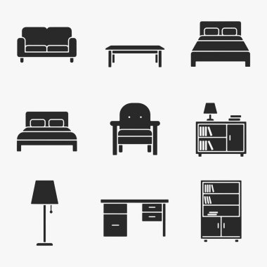 Mobilya ikonları, onlara modern ve minimalist bir görünüm kazandırıyor. Vektör İllüstrasyonu
