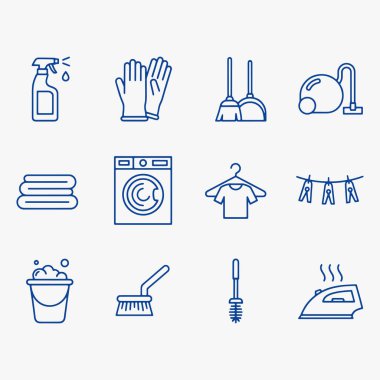 Bir dizi temizlik ve çamaşır ikonu tasarımı. Vektör İllüstrasyonu