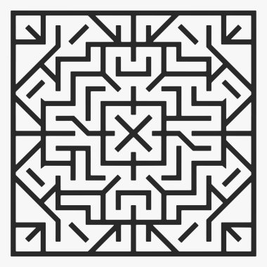 Birbirine kenetlenmiş geometrik labirent motif tasarımı. Labirent çok karmaşık değil, ama yönünü bulmak hala zor. Vektör İllüstrasyonu