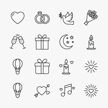 Aşk ve evliliği temsil eden bir dizi romantik sembol ve kutlama ikonu. Vektör İllüstrasyonu