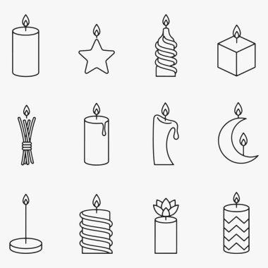 Görüntü, her birinin merkezinde tek bir mum bulunan mum şekilleri ve boyutlarından oluşan bir koleksiyona sahiptir. Vektör İllüstrasyonu