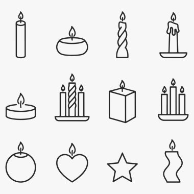 Görüntü, her birinin merkezinde tek bir mum bulunan mum şekilleri ve boyutlarından oluşan bir koleksiyona sahiptir. Vektör İllüstrasyonu