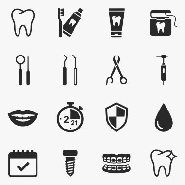 Diş bakımı ve hijyen ikonları koleksiyonu. Profesyonellik kavramı ve diş sağlığı bakımı. Vektör İllüstrasyonu