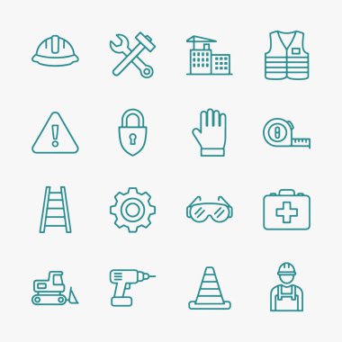 İnşaat, inşaat ve iş güvenliği için düz simgeler basitlik, zarafet ve tanınma kolaylığına odaklanıyor. Vektör İllüstrasyonu