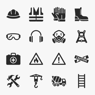 İnşaat, inşaat ve iş güvenliği için düz simgeler basitlik, zarafet ve tanınma kolaylığına odaklanıyor. Vektör İllüstrasyonu