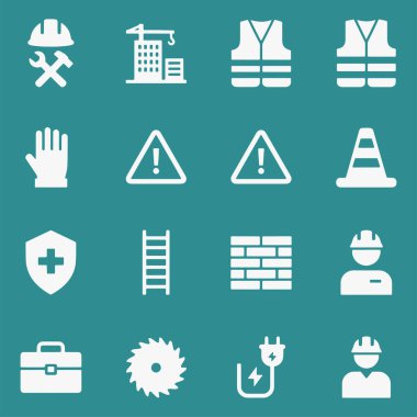 İnşaat, inşaat ve iş güvenliği için düz simgeler basitlik, zarafet ve tanınma kolaylığına odaklanıyor. Vektör İllüstrasyonu