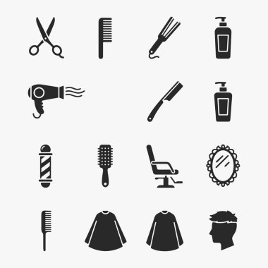 A collection of flat icons for hair care and grooming focuses on simplicity, elegance, and ease of recognition. Vector Illustration