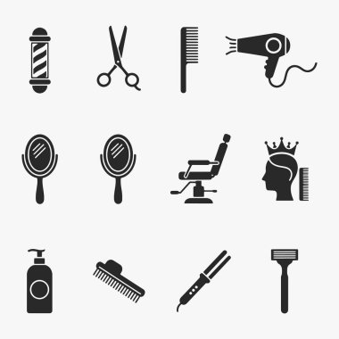 Saç bakımı ve tımar için düz simgelerden oluşan bir koleksiyon basitlik, zarafet ve tanınma kolaylığı üzerine odaklanır. Vektör İllüstrasyonu