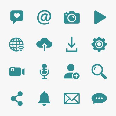 Sosyal medya ve iletişim uygulamaları için bir dizi düz simge basitlik, zarafet ve tanıma kolaylığına odaklanıyor. Vektör İllüstrasyonu