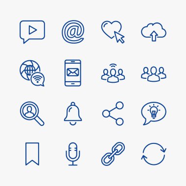 Sosyal medya ve iletişim uygulamaları için bir dizi düz simge basitlik, zarafet ve tanıma kolaylığına odaklanıyor. Vektör İllüstrasyonu